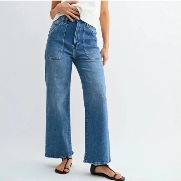 JUST BLACK DENIM The Patch Pocket Wide Leg Jeans Medium Wash Size 27 - Picture 1 of 12